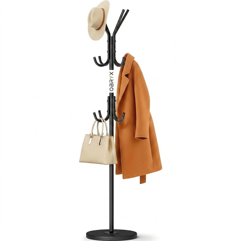 OBRYX Freestanding Black Metal Coat & Hat Hanger Rack - Image 3